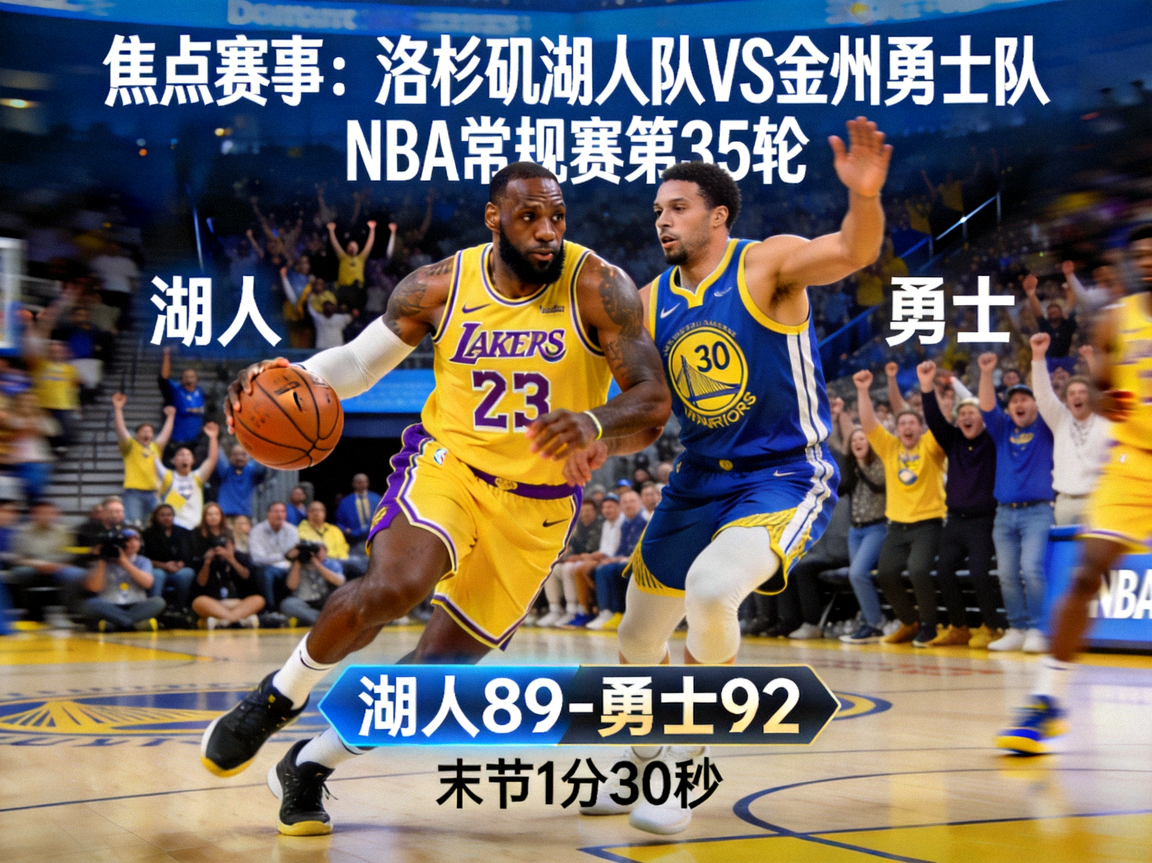 焦点赛事轮播图：NBA篮球赛洛杉矶湖人队对阵金州勇士队，激烈对抗中
