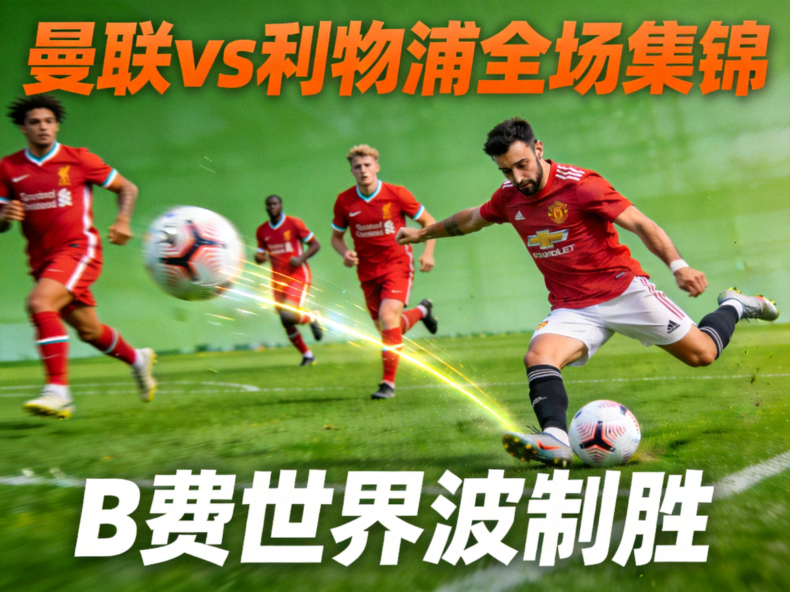 曼联对阵利物浦的全场集锦视频封面，包含B费世界波精彩进球，绿色球场背景