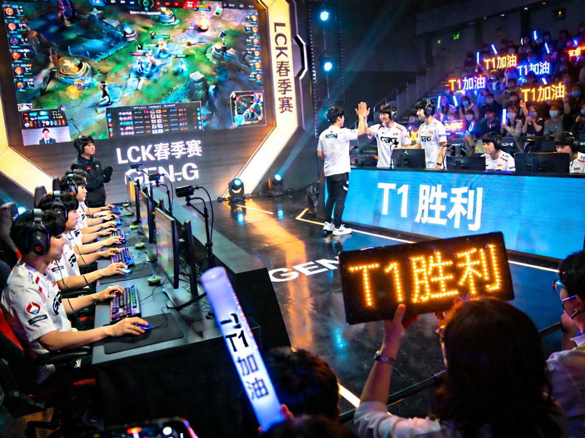 T1战队对阵GEN.G战队的LCK春季赛，电竞比赛激烈对决，T1取得胜利
